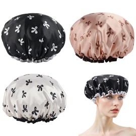 3Pcs Reusable Bath Shower Caps, Waterproof Shower Caps, Double Layer Shower Cap, Bath Caps Elastic Band, Elastic Bath Cap for Women Shower Spa Salon (Black, White, Rose Gold)