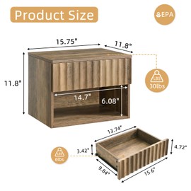 BuildHom Floating Nightstand with Fluted Drawer - Modern Wall Mounted Bedside Table with Open Storage Shelf, Small Night Stand for Bedroom(Rustic Brown)