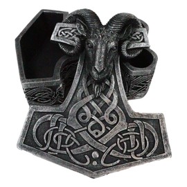 Ebros Gift Viking Ram Skull Thor Hammer Mjolnir with Runes Knotwork Decorative Jewelry Box Figure Norse God of Thunder Scandinavian Mythology Collectible Jewellery Box