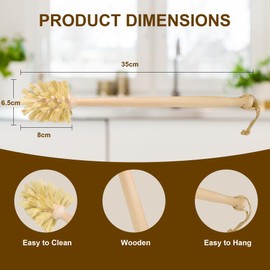 DEBETOOL 2-Pack Natural Wooden Bottle Brush with Sisal Bristles, Long Handle Bottle Brush Cleaner for Wide Mouth Jars, Water Bottles, Cups, Glasses, Baby Bottles (Non-Scratch)