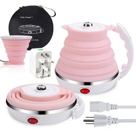 Upgrade Travel Kettle, ShineMe Food Grade Silicone Dual Voltage 110-220V Ultrathin Portable Electric Water Kettle with Cup, Universal Adaptor and Detachable Power Cord, 555ML (Pink)