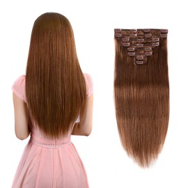 Real Clip in Hair Extensions Light Brown 8 Pieces - Premium Womens Straight Double Weft Thick Remy Hair Extensions Clip in on Human Hair for Long Hair (20" / 20 inch, #6, 122 grams/4.3 Oz)