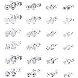 Dochais 24 Pairs Earrings Set, Hypoallergenic Earrings Silver Set, Round Cubic Zirconia Stud Earrings, for Multiple Piercings, Small Stud Earrings for Women, Men, Girls, Stainless Steel