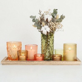 Votive Candle Holders Set with Wooden Tray - 8 Piece Rustic Colored Glass Candlestick & Solid Wood Centerpiece Decor for Mantel, Dining Table, Farmhouse Wedding Decor