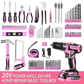 DEKOPRO Pink Drill Tool Kit Set: 20V Cordless Power Drill Tool Box with Battery Electric Drill Driver for Men Home Hand Repair Basic Toolbox Tools Sets Drills Case, DKMT186-GP
