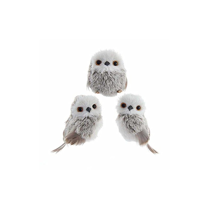 Kurt Adler 3 pc Adorable Furry Gray and White Owl
