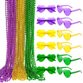 SUNOVELTIES 36 Pcs Beads Necklaces and 12 Pcs Heart Sunglasses for Adults Purple Gold Green Mardi Gras Birthday Rave Party Favor Celebrations Accessories
