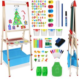 Easel for Kids Foldable Art Easels for Toddlers-Adjustable Standing Wooden Drawing Easel with Paper Roll-Magnetic Double Sided Whiteboard & Chalk board-130+pcs Accessories Easel for Kids 2-4 4-8 9-12