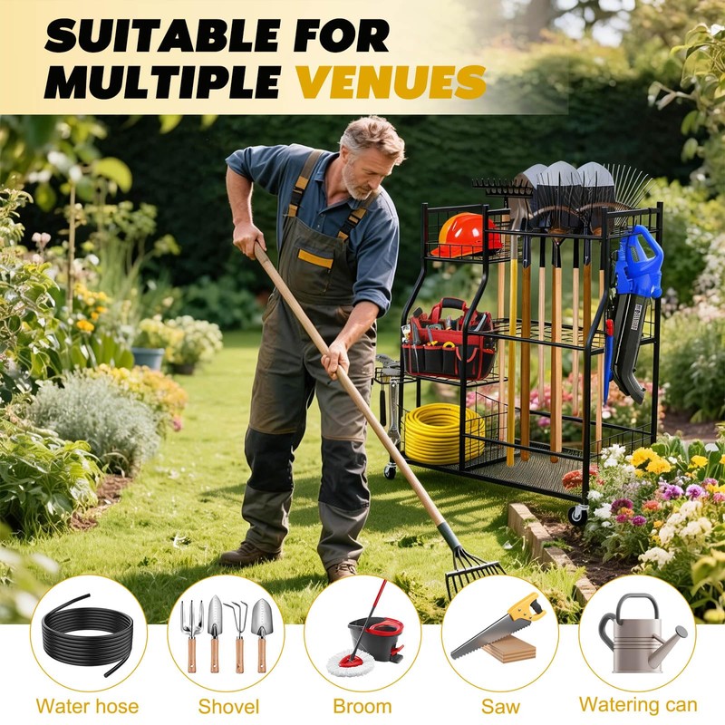 Garden Tool Organizer Rolling Cart Large Capacity Rust-Resistant Metal Tool