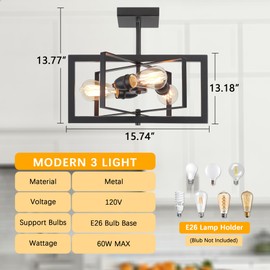 Bosomfr 3-Light Black Ceiling Light Fixture for Dining Room Foyer Modern Farmhouse Lighting Fixtures Semi Flush Mount Rectangle Metal Ceiling Light for Bedroom Kitchen Island Entryway 15.74''