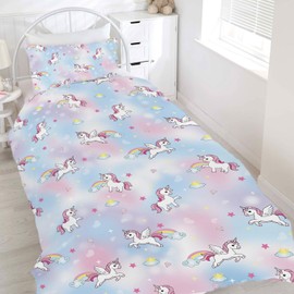 INTOMENG Unicorn Bedding Single Duvet Covers for Kids Girls Pink Blue Bedding Set 135×200cm Quilt Cover Microfibre Soft Duvet Covers and 1 Pillowcase 50×75cm 3D Printing Crown Auspicious Cloud Pattern