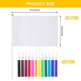 DIY Flag Set of 24 White Hand Flags with Rod - Design Yourself Flag with 12 Colours Watercolours - Fan Item for Children & Adults for Football, World Cup, Public Viewing, School & Party