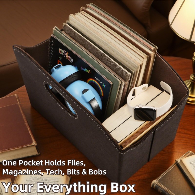 WRINGKIT PU Leather Magazine File Holder, Foldable Magazine Basket with