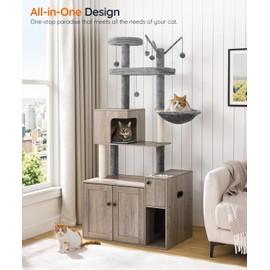 HOOBRO Cat Tree with Litter Box Enclosure, Cat Tower with Food Bowl and Storage, Hidden Cat Litter Enclosure Furniture, All-in-One Modern Cat Condo, with Cat House, Hammock and Perch, Greige BG80MZ03