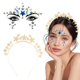 Women's Headband Stars Glitter Five-Pointed Star with Pearls and Rhinestones, Rhinestone Headband with Sparkling Stars Face Tattoo for Party, Festival, Birthday (Gold, One Size)