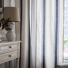 vctops Cotton Linen Striped Window Curtain Farmhouse Country Style Room Darkening Rod Pocket Curtain Panel for Bedroom Living Room, 1 Piece (Navy,59"x94")