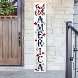 9.25x72" God Bless America Wooden Porch Sign For Front Door – Rustic Farmhouse Patriotic Wall Art Decor with Red, White Stars, Indoor Outdoor Wood Hanging Decor for Fourth of July, Front Porch, Patio, Entryway, Faith & Country Inspired Home Décor
