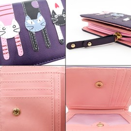 Spldsun Women's Cartoon Cat Wallet, Cat Decoration Zip Purse, Leather Small Purse with Zip, Gifts for Girls (Dark Blue), darkblue, Cat Pattern Modern