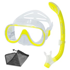 SAEKODIVE Kids Snorkeling Set - Panoramic Wide View, Anti-Fog Tempered Glass, Anti-Leak Silicone Skirt, Dry Top Snorkel - Snorkeling and Swimming Gear with Mesh Bag for Children (Yellow/Yellow)