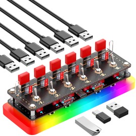 FEIFANZHE RGB Lighting Powered USB-C Docking Station, 9 Port Voice Control USB3.2 10Gbps Hub, Independent Switch Type-C Splitter USB3.0 Expander,USB/SD/TF Card Box, Power Display Meter-F06RY2