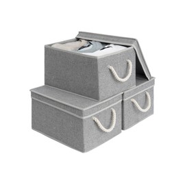 StorageWorks Storage Bins with Lids, Decorative Storage Boxes with Lid and Soft Rope Handles, Foldable Storage Baskets for Closet, Shelves, Stackable, 3-Pack, Gray, Large