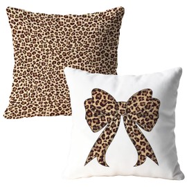 Coquette Leopard Print Bow Pillow Covers 18x18 Set of 2, Leopard Room Decor, Trendy Preppy Cheetah Print Bow Decorative Throw Pillow Covers for Girls Dorm Bedroom Apartment Home