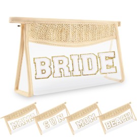 UIXIZQ Pequeñas bolsas de maquillaje bohemias de paja transparente para mujeres y niñas, bolsa de cosméticos con cierre, bolsa de parches de letras universitarias de chenilla, bonita bolsa de aseo preparada, bolsa de almacenamiento organizadora de moda p