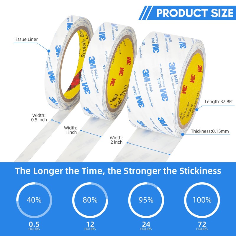 3M Double Sided Tape 2"×32.8Ft 1 Pack 9448A Double Coated