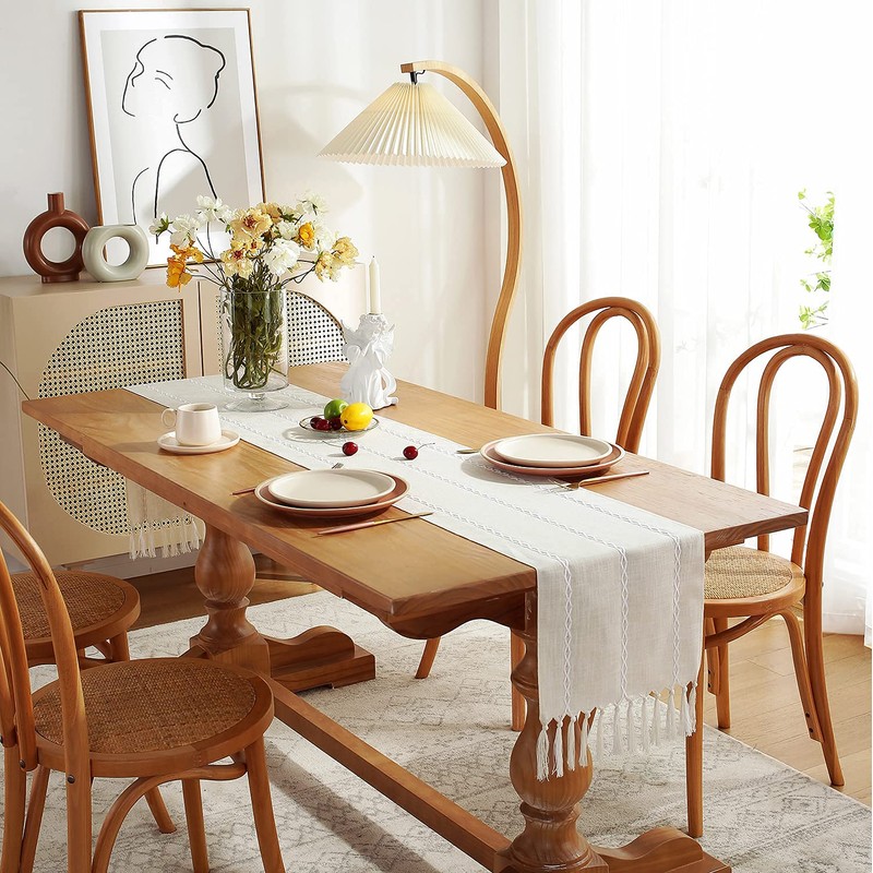 Chassic Rustic Farmhouse Style Linen Table Runner, Boho Handmade Fringe