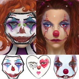 Clown Face Gems Day of the Death Scary Face Jewels Face Jewels Fake QN Tattoo Stickers,3-Pack