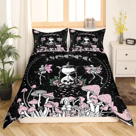Sun and Moon Duvet Cover Set Twin Size,Pink Mushroom Bedding Set Gothic Sugar Skull Star Galaxy Comforter Cover for Kids Boys Girls Woman Room Decor Boho Hippie Black White Quilt Cover,1 Pillowcase