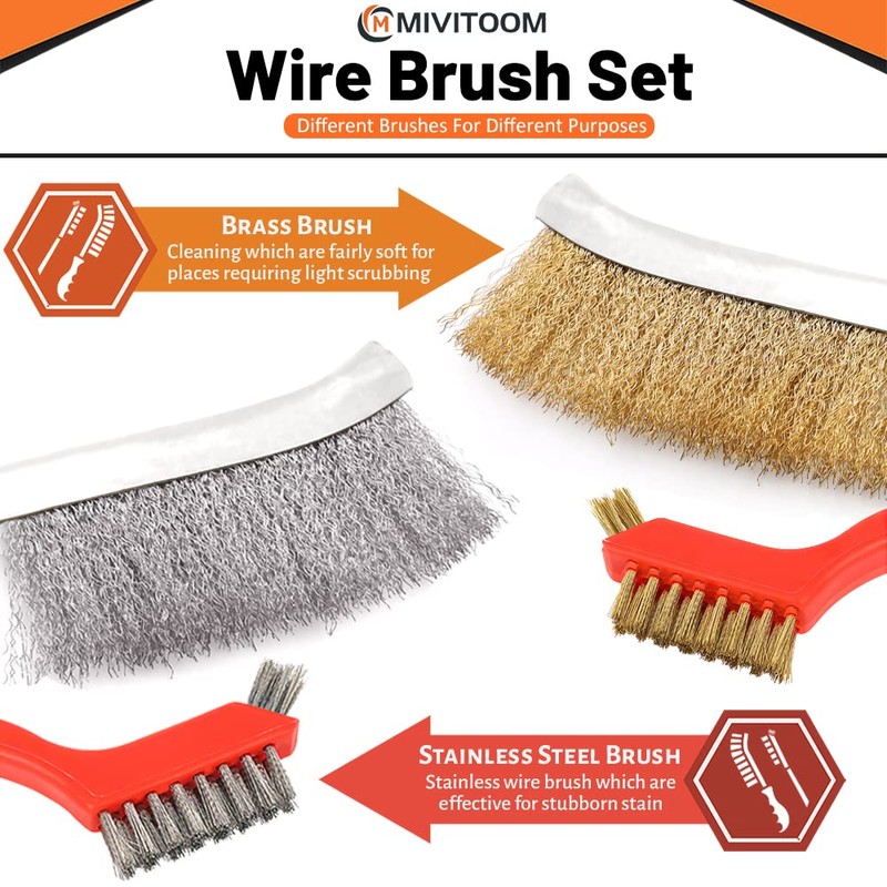Hand Wire Brush Set 4 Pcs with Stainless Steel Brush