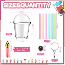 Cunno 348 Pcs Mini Milky Tea Keychain Accessories Bubble Tea Cream Glue Casting Includes 16 Keychain Rings, 16 Mini Cup Pendant Charm with 16 Tassels, 300 Bubble Beads for DIY Crafts(Bright Color)