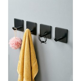 EDMILE Stick On Towel Hooks for Bathroom, Heavy Duty Self Adhesive Wall Hooks, Waterproof No Drill Hangers for Kitchen Bedroom, 4 Pack Black