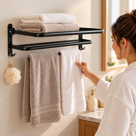 Foldable Wall Mount Towel Rack with Hooks – Black Steel Double Towel Bar for Bathroom Storage