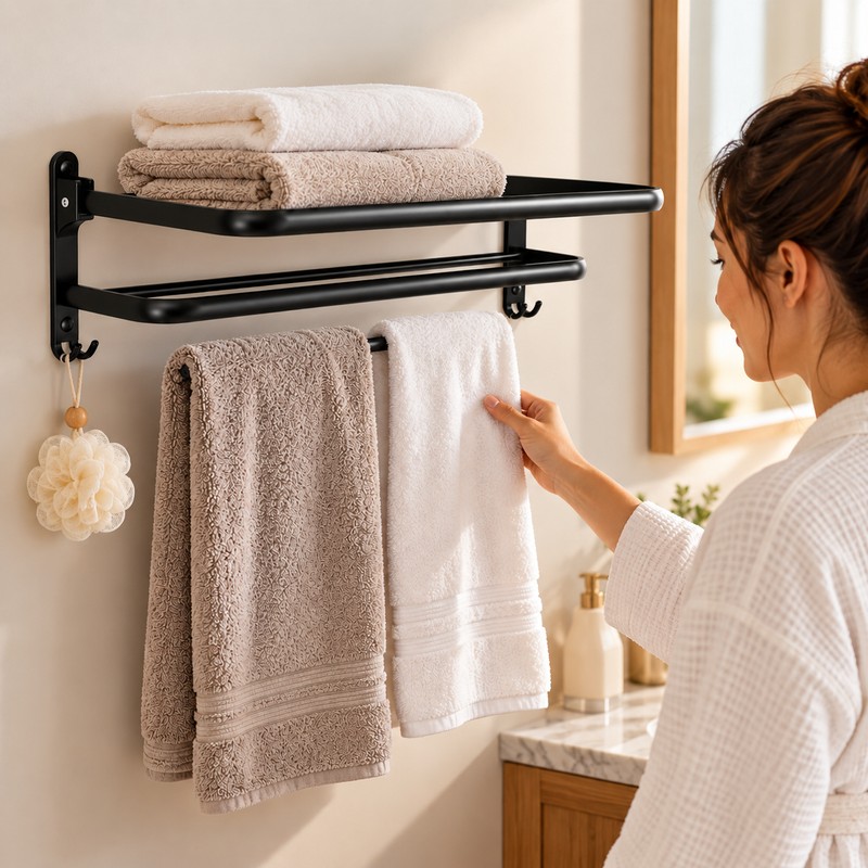 Foldable Wall Mount Towel Rack with Hooks – Black Steel