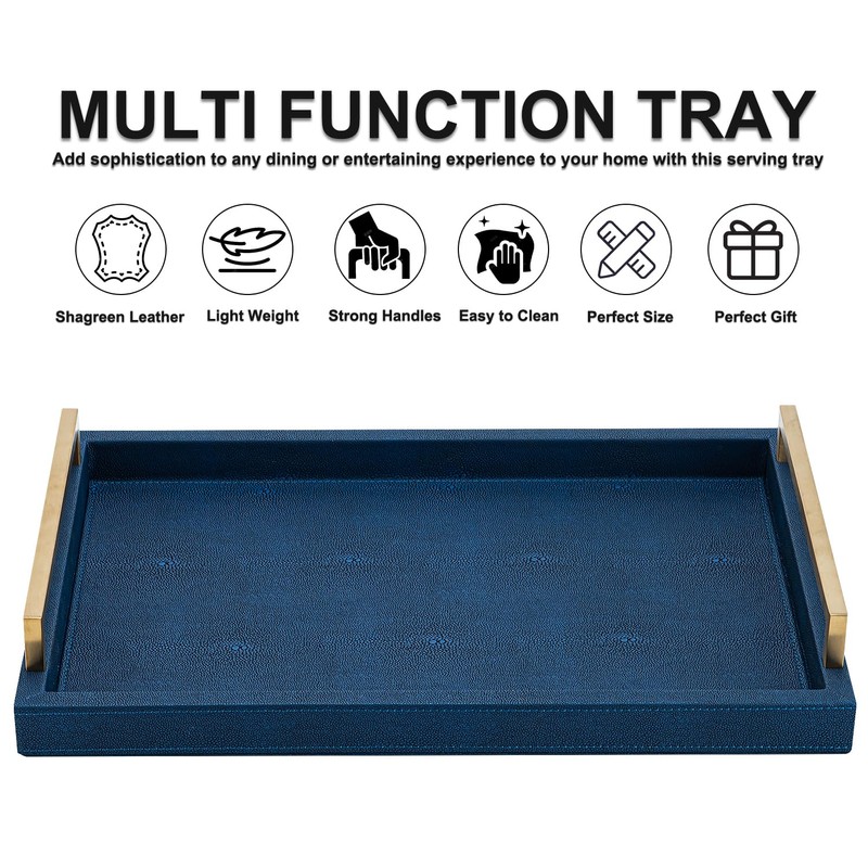 XIGEXIGE Navy Blue Decorative Serving Tray, Shagreen Leather Coffee Table