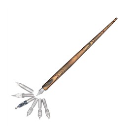 Gullor Wooden Dip Pen Calligraphy Set with Black Ink & 6 Nibs for Beginners, Kids, Writing, Signatures and Drawing, Gold