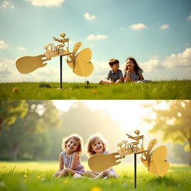 Handmade Metal Drummer Rock Band Windmill, Wind Powered Kinetic Sculpture, Garden Outdoor Wind Mill Spinner for Yard Lawn Garden Patio Rockin Art Figurine Decor (Gold)