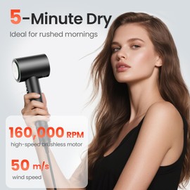 Hair Dryer, 160,000 RPM High-Speed Ionic Blow Dryer for Fast Drying, Professional Lightweight Hairdryer with Diffuser, Magnetic Nozzle, 4 Temps & 2 Speeds, Low Noise for Travel - Black