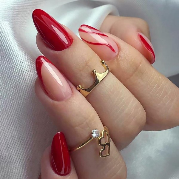 KTAABTR Red French Tip Press on Nails Medium Almond Shaped