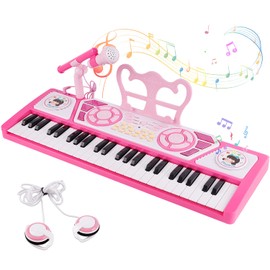 M SANMERSEN Kids Piano Keyboard 49 Keys, Electronic Toy Keyboard Piano with Microphone & Headphone for Beginners Multifunctional Musical Instruments Learning Keyboard Piano Kid Gifts for Girls, Pink
