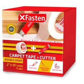 XFasten 2” X 10yd Carpet Tape for Area Rugs Over Carpet with 1 Box Cutter Opener, Double Sided Rug Tape Gripper for Laminate Flooring, Residue-Free Area Rug Tape for Carpet + Heavy-Duty Utility Knife