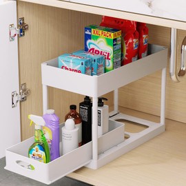 PUILUO Under Sliding Cabinet Basket Organizer, 2 Tier Under Sink Organizers White Under Sink Storage for Bathroom Kitchen