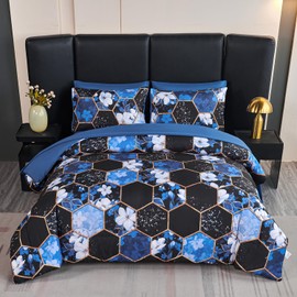 ANGIYUIN 7Pcs Blue Marble King Comforter Sets Floral Bedding Sets Gold Honeycomb Bed in A Bag with Sheets Soft Microfiber Bed Sets for Women Men