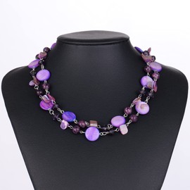 FULU AUTUMN Short Shell Beaded Layered Necklace Silver Pearl Chunky Statement Necklace Turquoise Costume Jewellery for Women Mothers Day Gift(Purple)