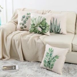 ARNTY Cushion Cover 45 x 45 cm, Cushion Cover Boho Cushion Covers Set of 4 Decorative Cushion Cover for Sofa, Office, Car, Bedroom, Home Decor (Green Leaf Linen)