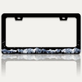 Snow Mountains License Plate Frame Starry Sky Mountain Forest License Plate Holders Funny Stainless Steel Auto Accessory Bracket 2 Hole with Screws for US Vehicles 6x12 Inch
