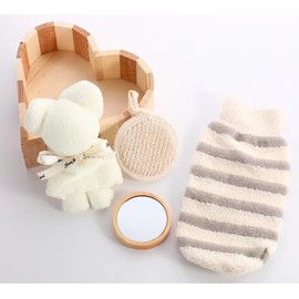 Geschenkset für Spa/Bad, 5-teilig – Holzkiste in Herzform mit Handschuhen aus Leinen, Rosshaar aus Hanf, Bär aus Handtuch, rundem Spiegel und Waschhandschuh – perfekt für Geschenke zur Entspannung und