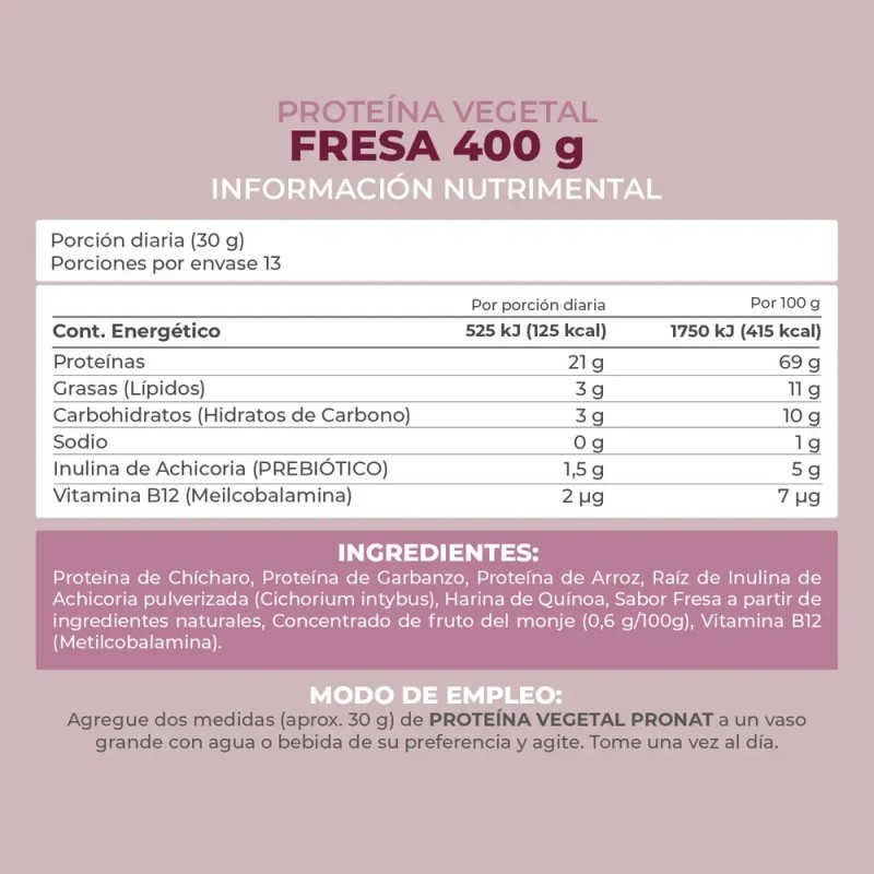 Proteína Vegetal Sabor Malteada de Fresa Pronat 400 g